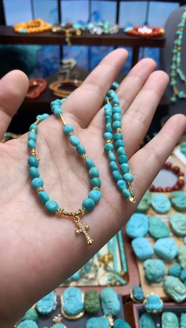 银S925镶嵌绿松石颈饰高瓷绿松石糖豆项链