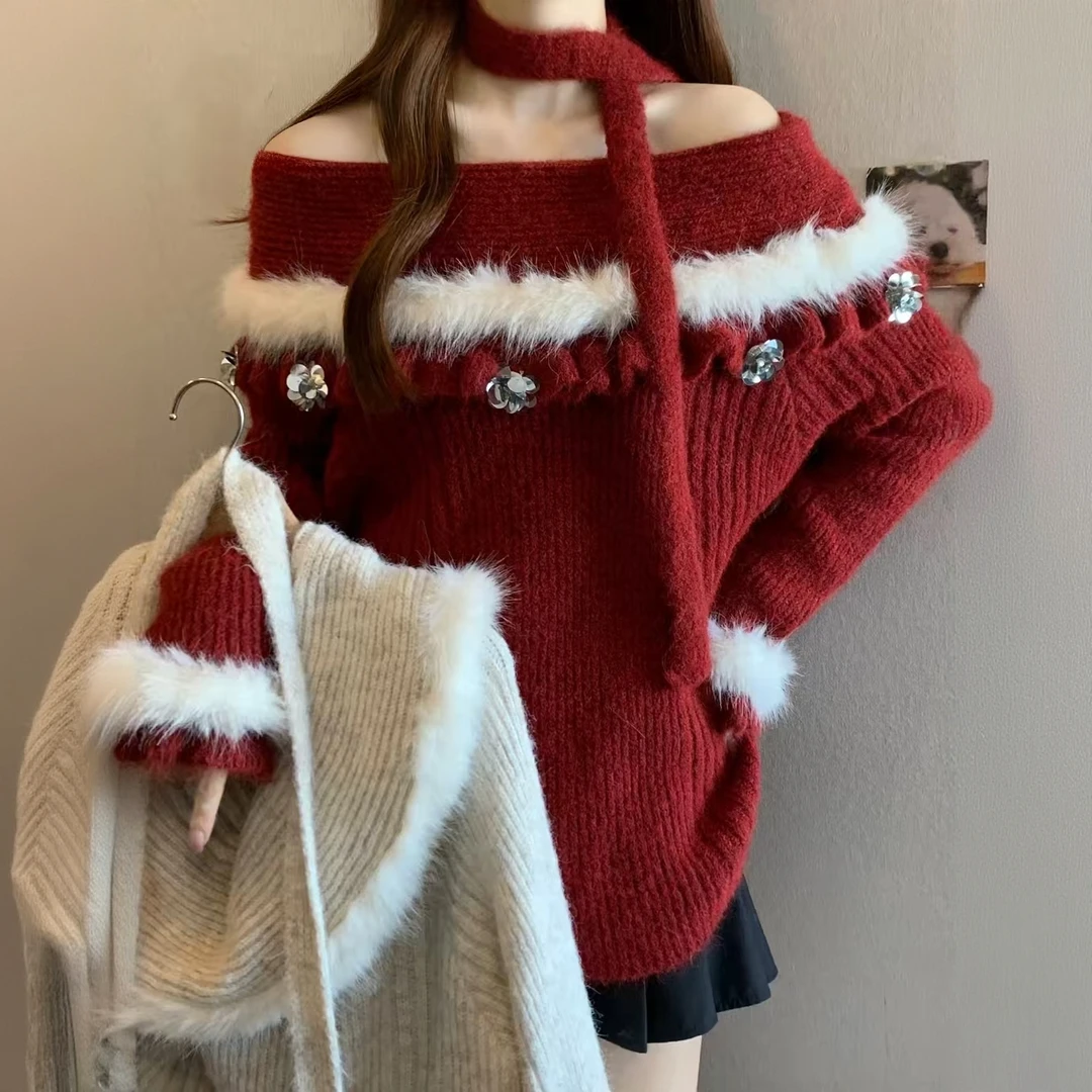 绝美圣诞红色流行保暖毛衣休闲小香风套装独特超漂亮宽松百搭上衣