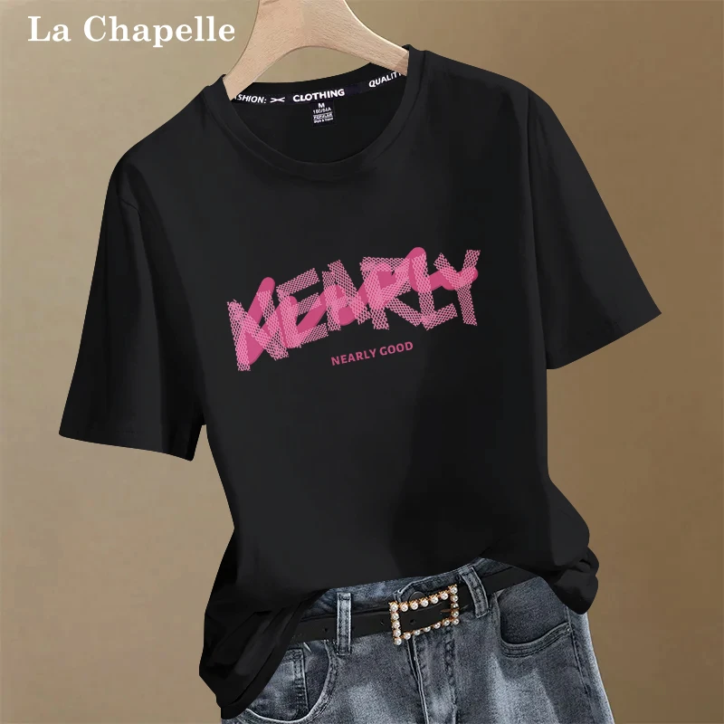 拉夏贝尔纯棉T恤女装2025夏季新款圆领百搭休闲宽松夏装短袖上衣