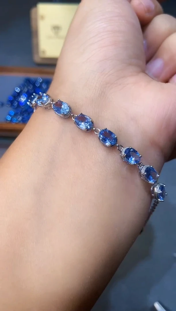 银S925镶嵌手链海蓝宝石..