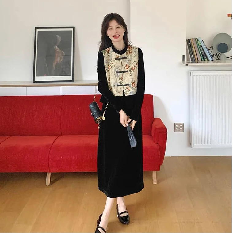 T072 春秋新款新中式国风马甲套丝绒连衣裙穿搭两件套套裙JR