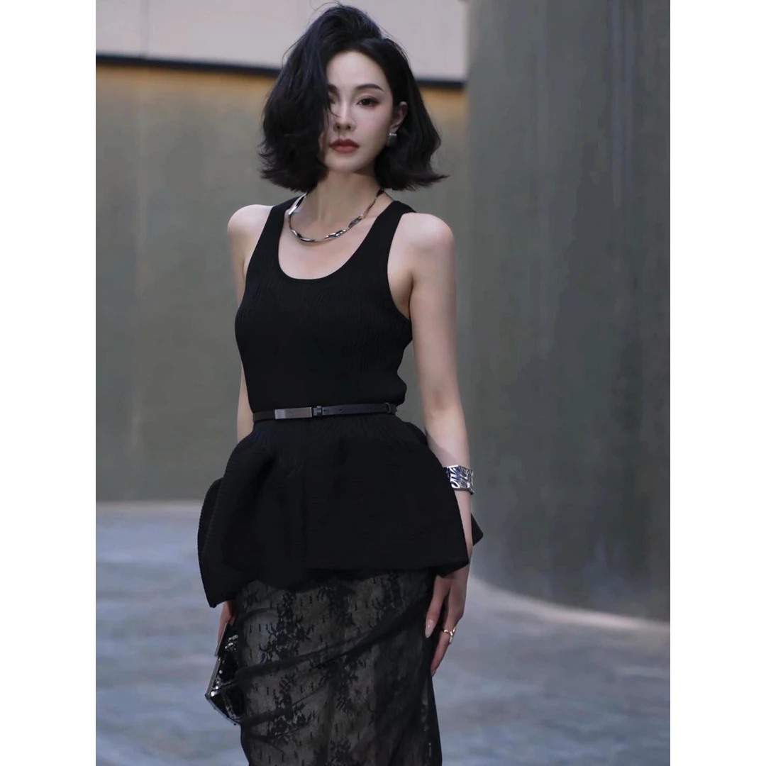 2025夏季新款轻熟御姐风无袖花苞背心上衣搭高腰显瘦蕾丝半身裙女