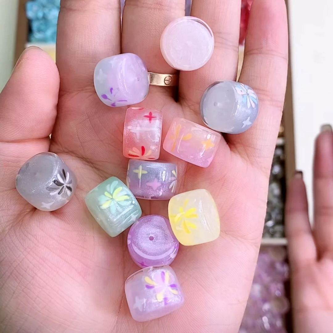 DIY饰品配饰 韩国胶定制珠 手绘墩墩烟花珠 通孔散珠手作材料