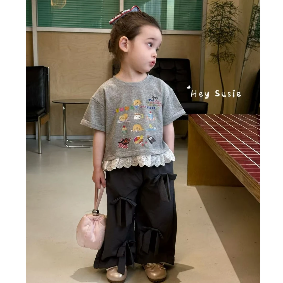 女童春夏新款套装洋气卡通短袖蝴蝶结宽松阔腿裤时尚两件套