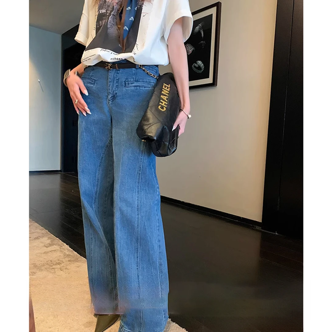 设计感后腰蝴蝶结双曲线牛仔裤女2025新款百搭宽松高腰直筒阔腿裤