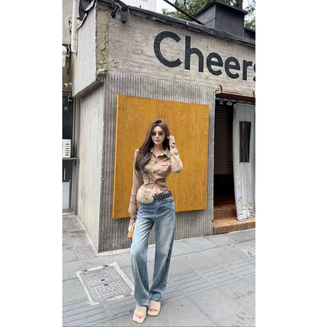 媛媛【比例玩家】春秋新款蓝色时髦百搭时尚修身直筒牛仔裤女#K1121