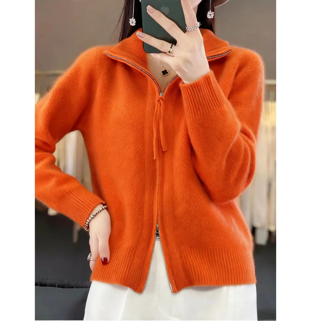 花容5店 羊毛开衫半高领双拉链外套秋冬款宽松百搭毛衣针织