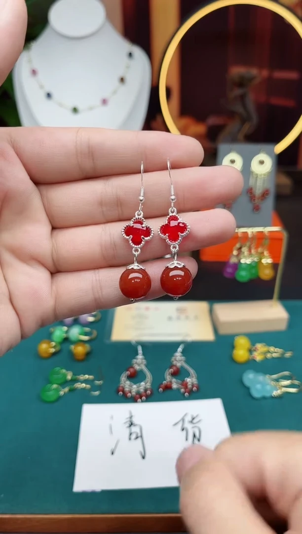 南红玛瑙银S925镶嵌耳饰103000