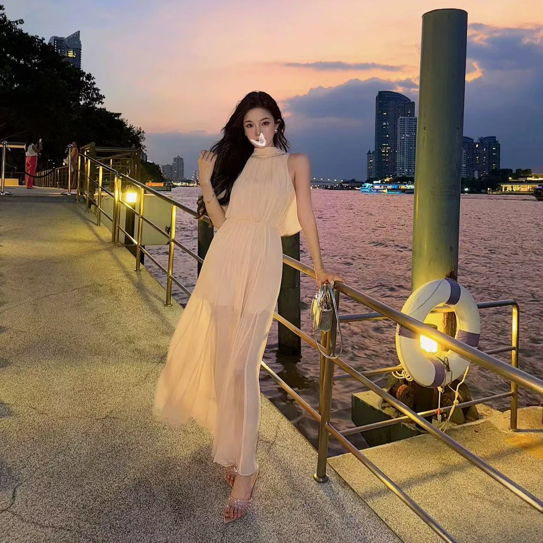 【希腊女神】2025春季新款纯欲温柔风埃及仙女无袖挂脖飘带连衣裙子