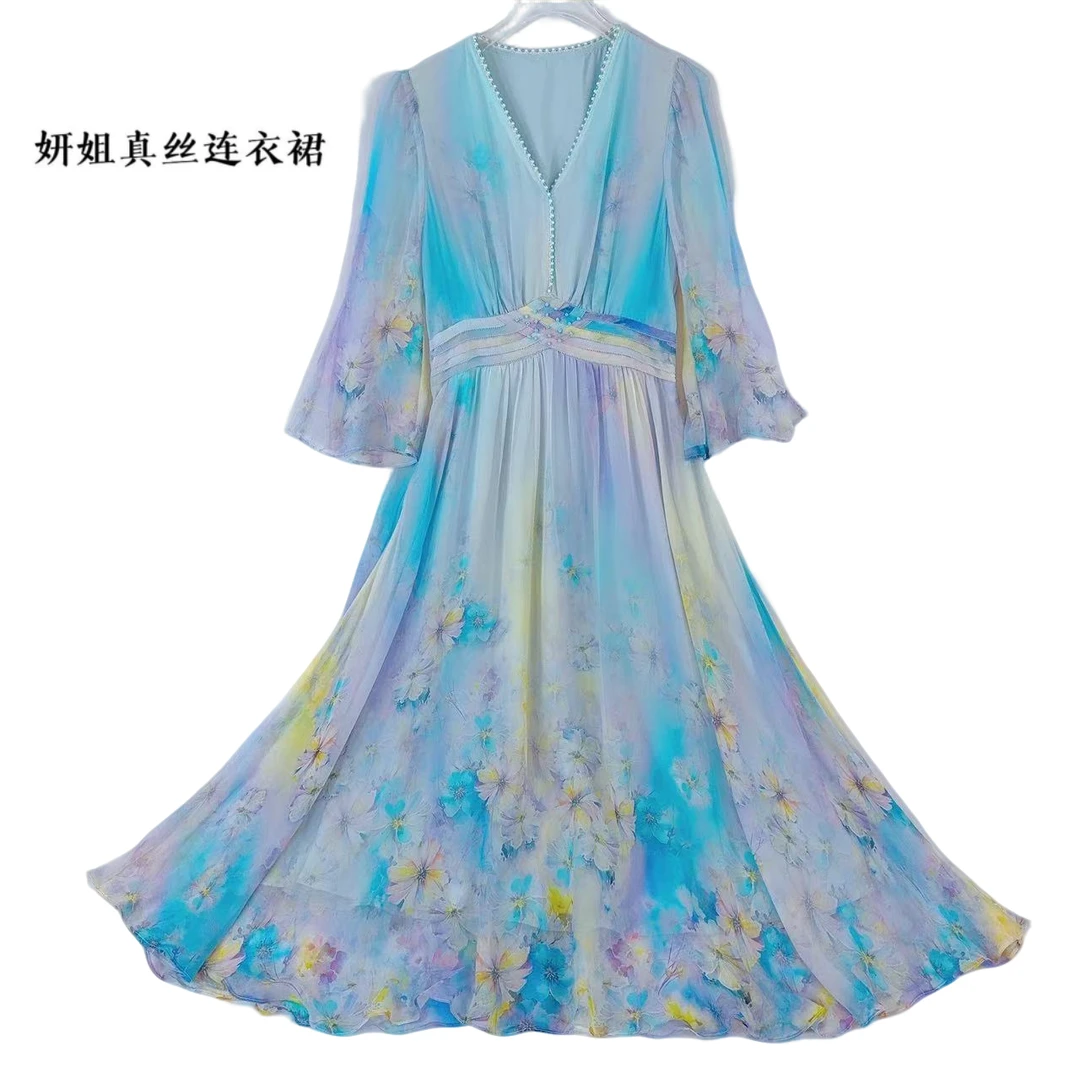 妍姐桑蚕丝2025夏季气质百搭轻奢女装长裙优雅时尚 淡蓝色 258012