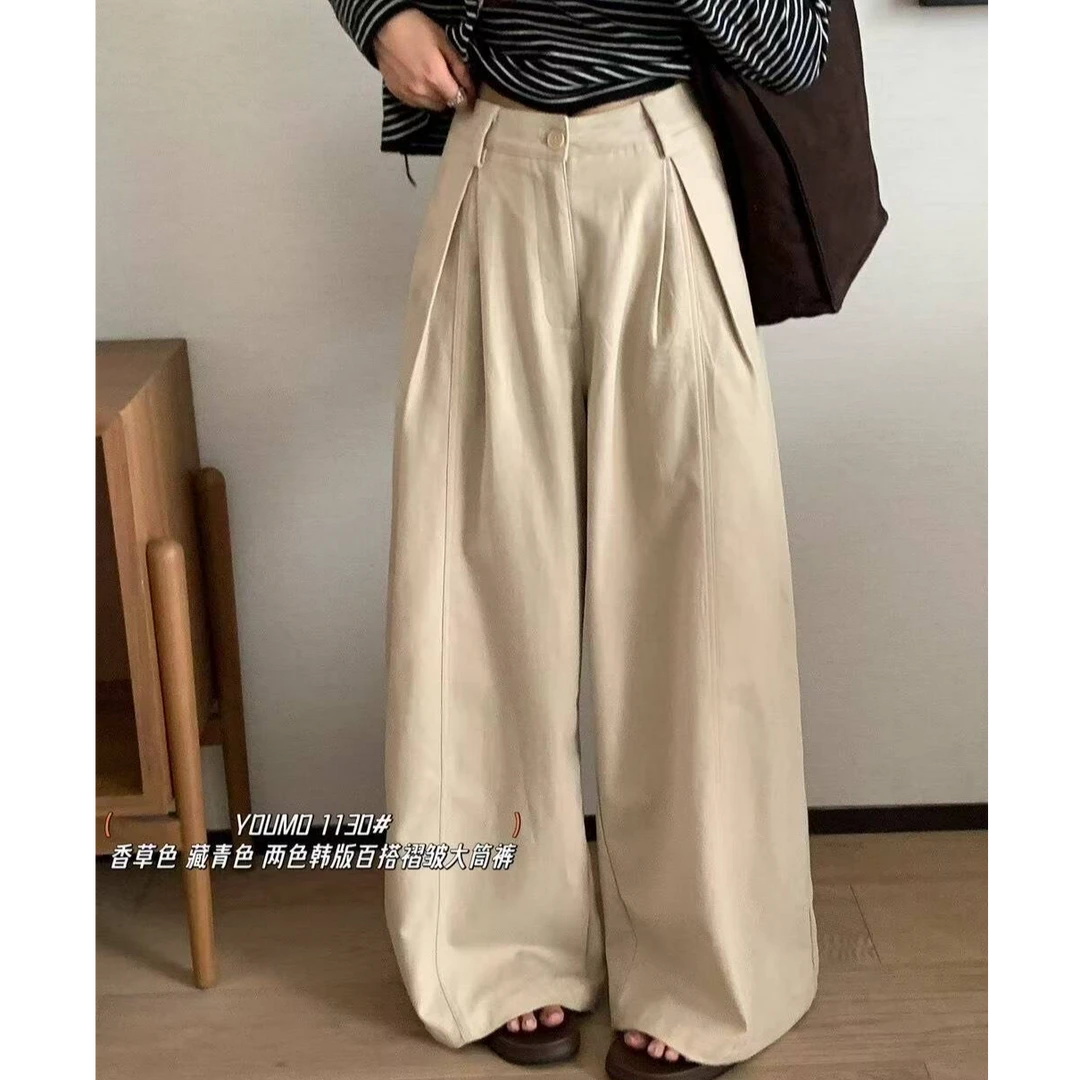 59016早秋款极简风显瘦ins港风欧美风欧韩时尚褶皱大气阔腿裤