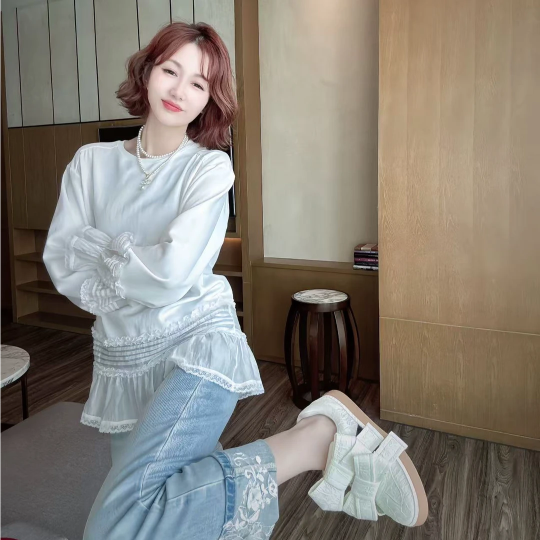 女皇【白月光】法式长袖时尚蕾丝百搭棉T恤