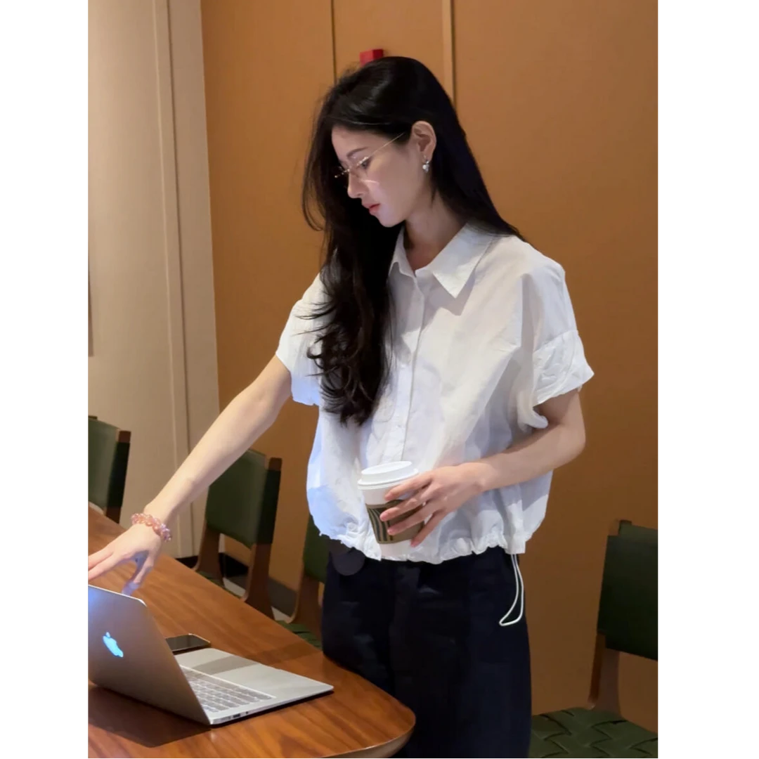 MARIE.COCO轻职场通勤穿搭冷淡系独特别致上衣翻领抽绳衬衫休闲裤