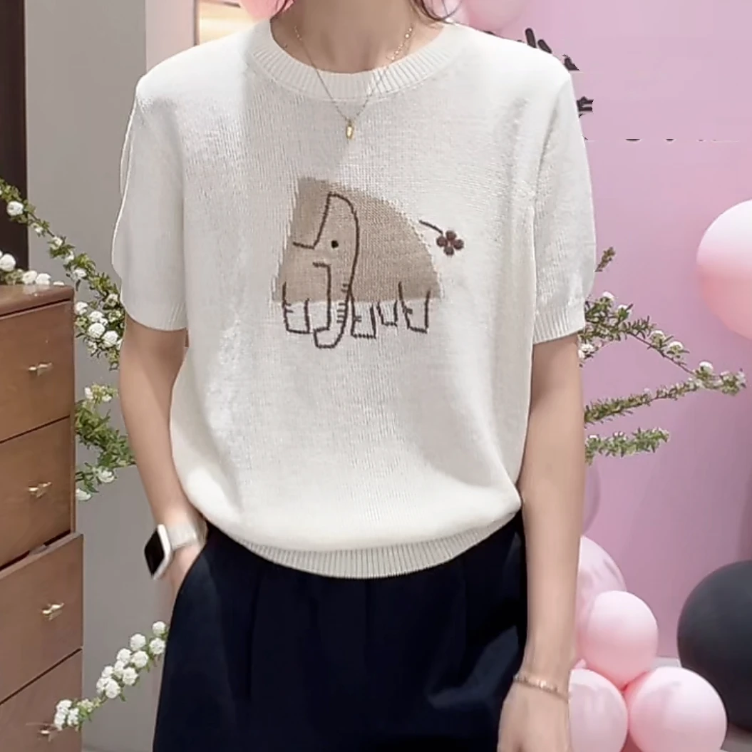 欧若风设计感大象圆领针织衫女2025新款春夏气质时尚百搭套头上衣