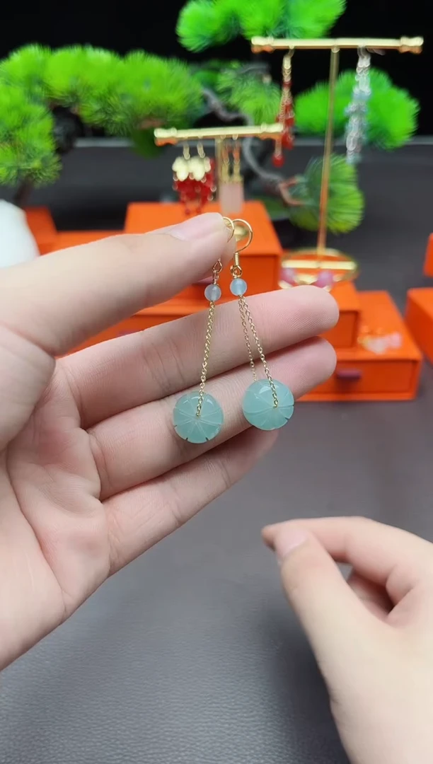 石英质玉（天山翠）银S925镶嵌耳饰716