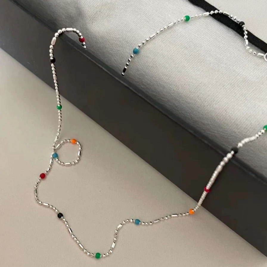 链子925银亚克力 s925银ins风彩色多巴胺甜美时尚彩虹豆豆项链