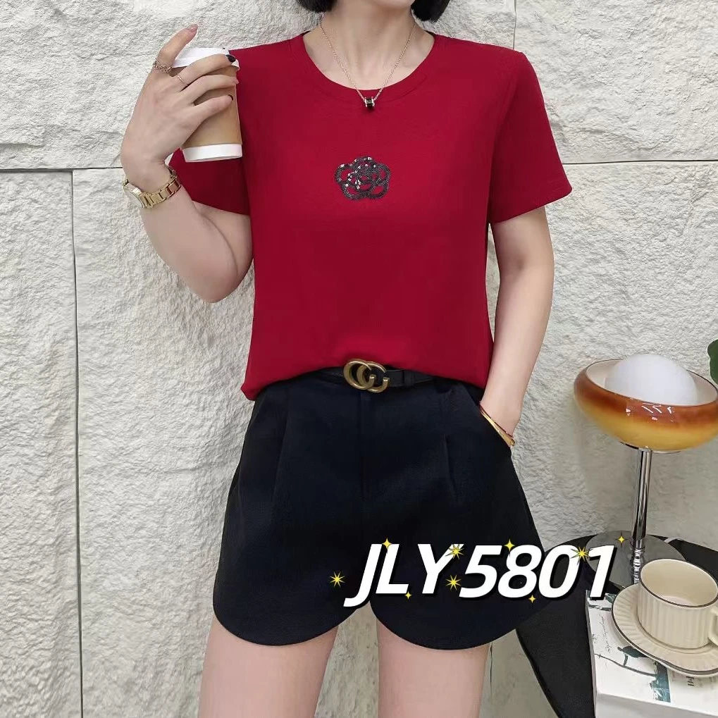 小施家时尚百搭纯色工艺亮片花高品T恤5801