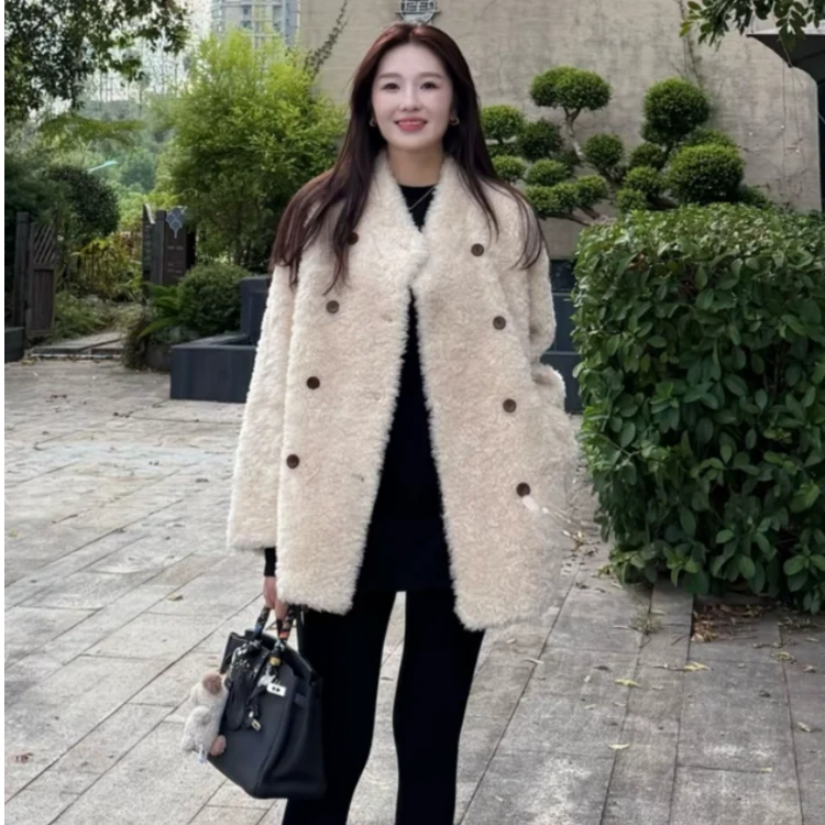 韩系慵懒加厚羊羔毛外套女2025冬季新款中长款保暖宽松显瘦大衣潮