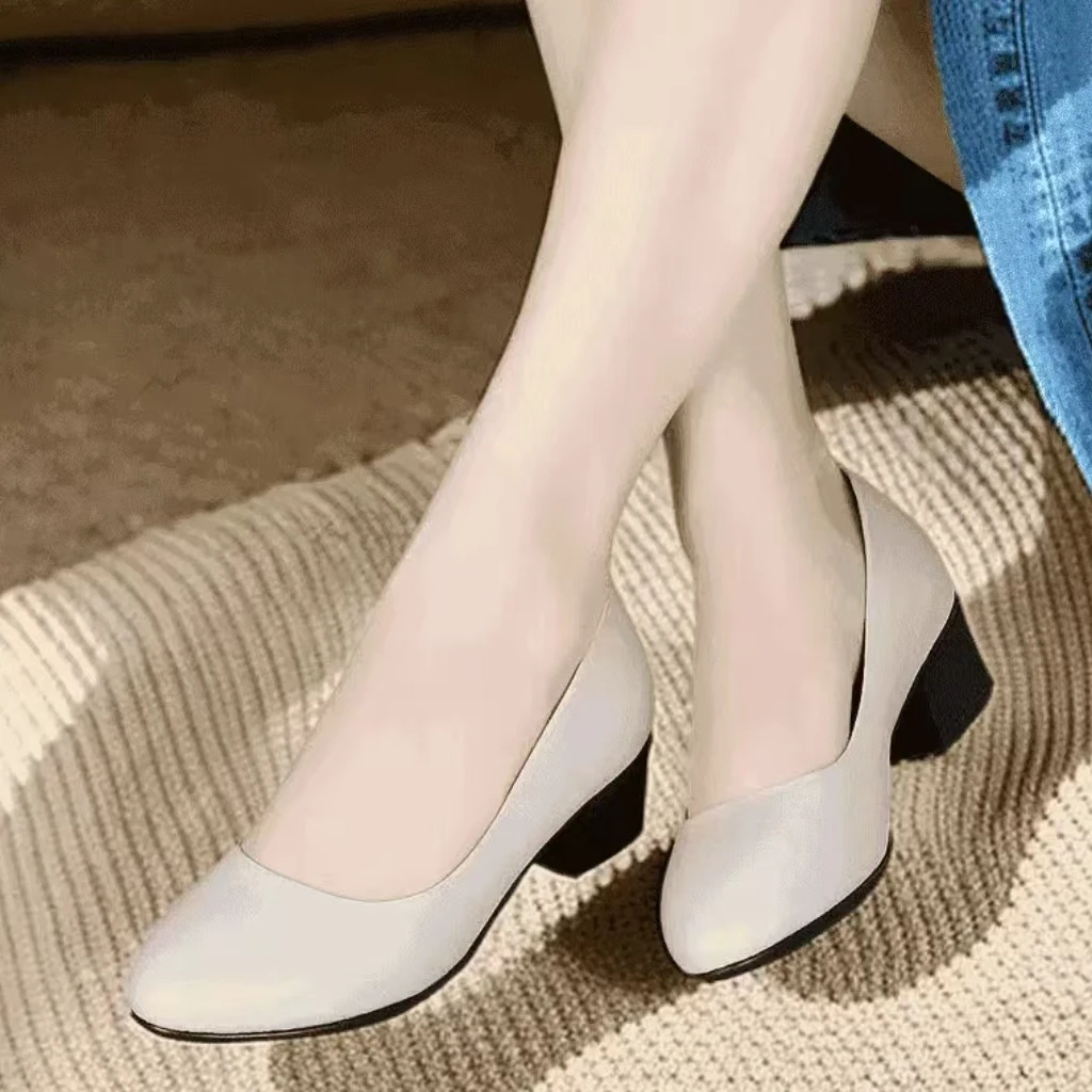 2025新款中跟中老年百搭女士黑色妈妈鞋防滑上班浅口春秋软底粗跟