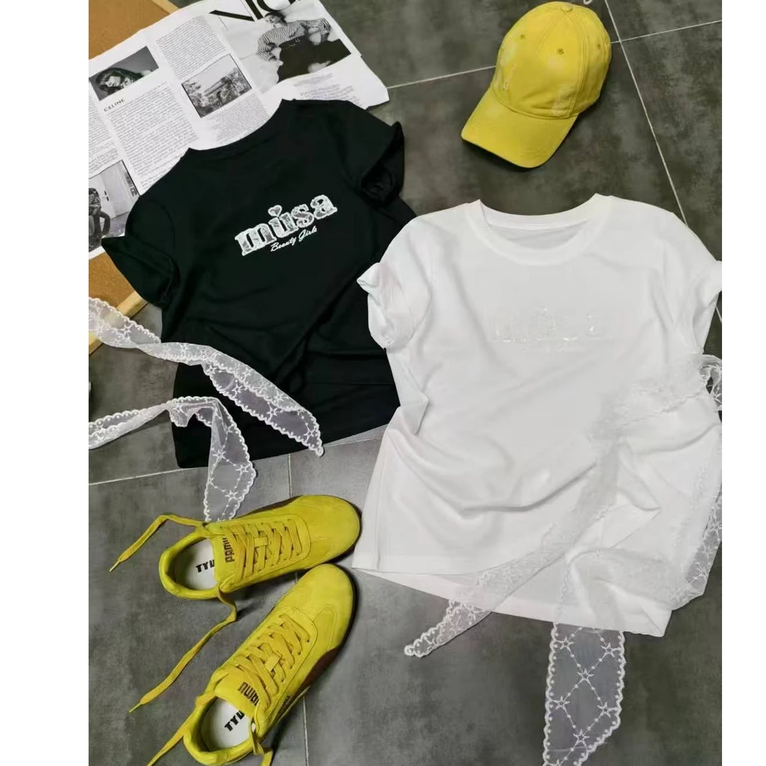 2TX02依美丁时尚亮片字母百搭T恤（带蕾丝脖带）