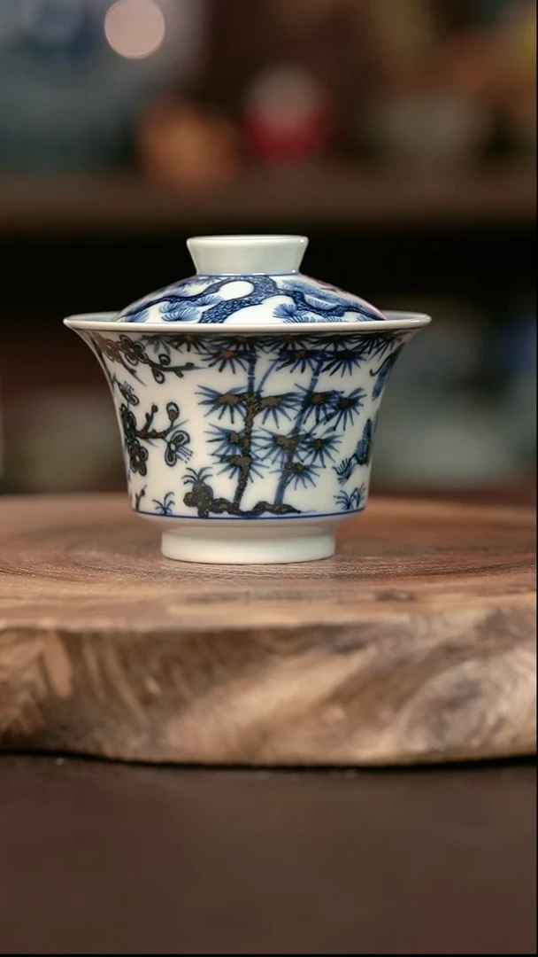 手绘微瑕高温现代瓷  气窑  松竹梅大马蹄150C