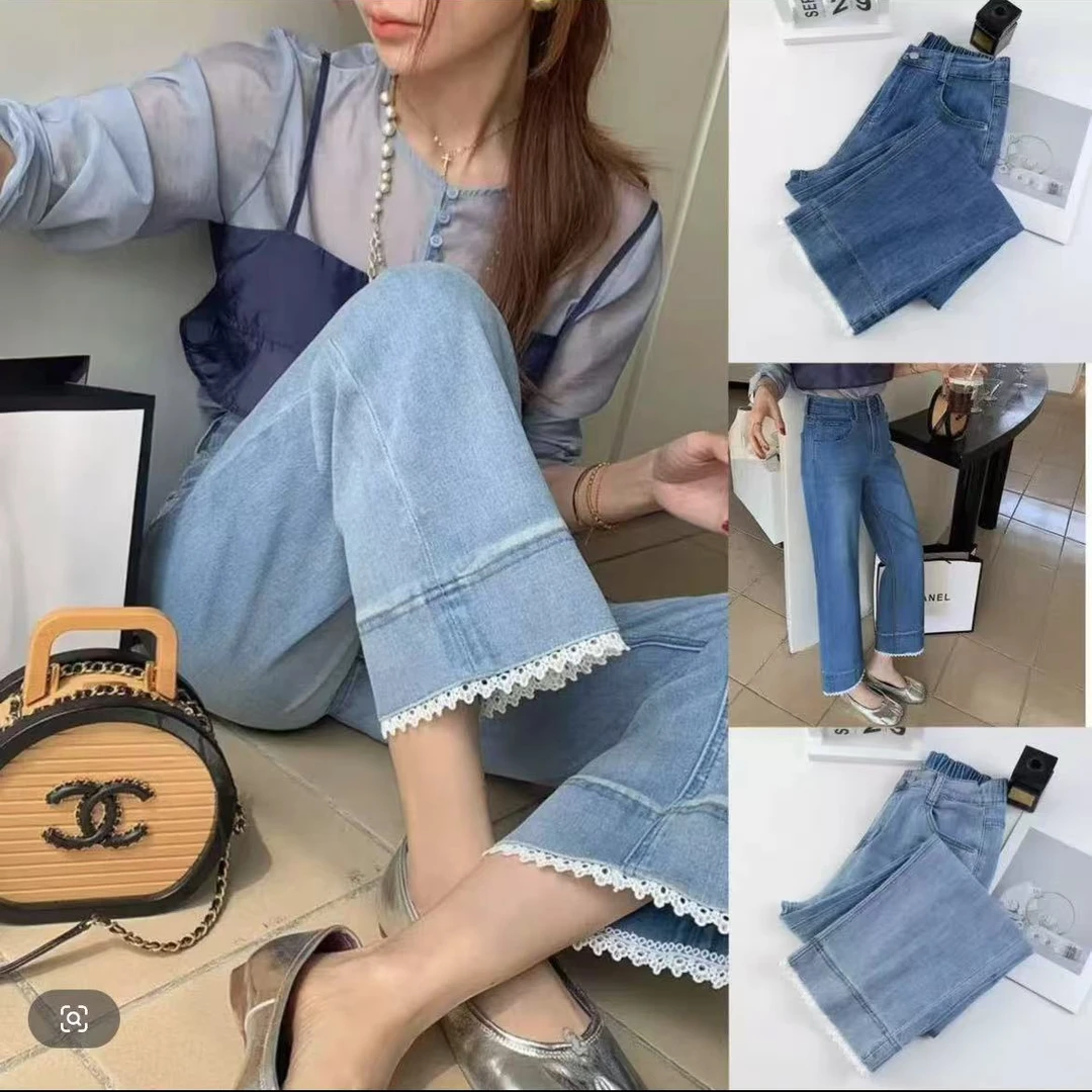 大码中高半松紧腰显瘦蕾丝花边弹力烟管九分裤2511（100-200斤）