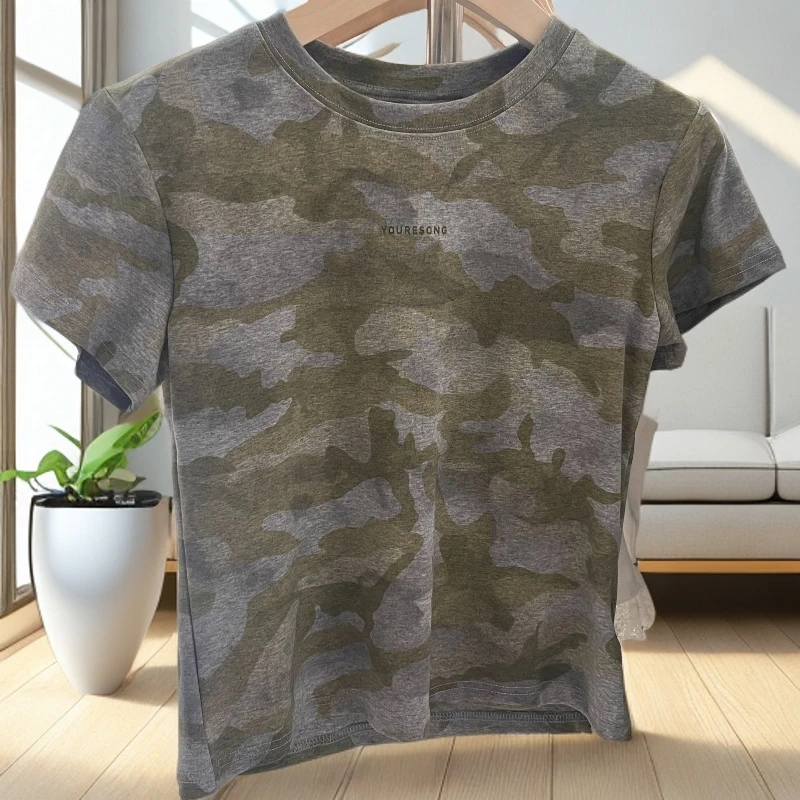 透气时尚长袖短款T恤军绿圆领修身型休闲短袖