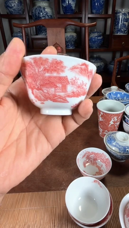 柴窑釉里红山水杯杯