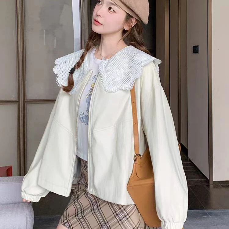 蕾丝花边娃娃领皮衣短外套H2518款