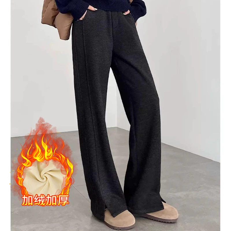 加绒加厚仿羊绒秋冬高腰窄版阔腿裤人字纹时尚女裤开叉直筒裤子