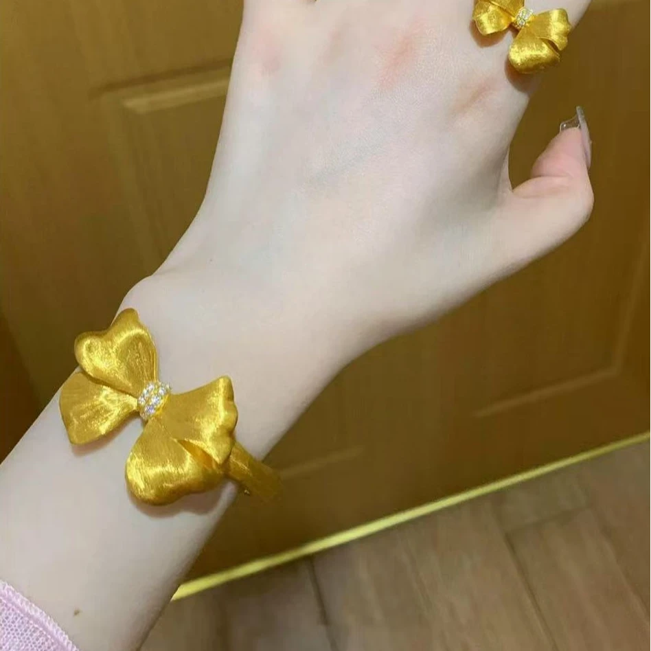 铜合金手镯 金色拉丝蝴蝶结手镯复古重工轻奢小众高级感精致手饰