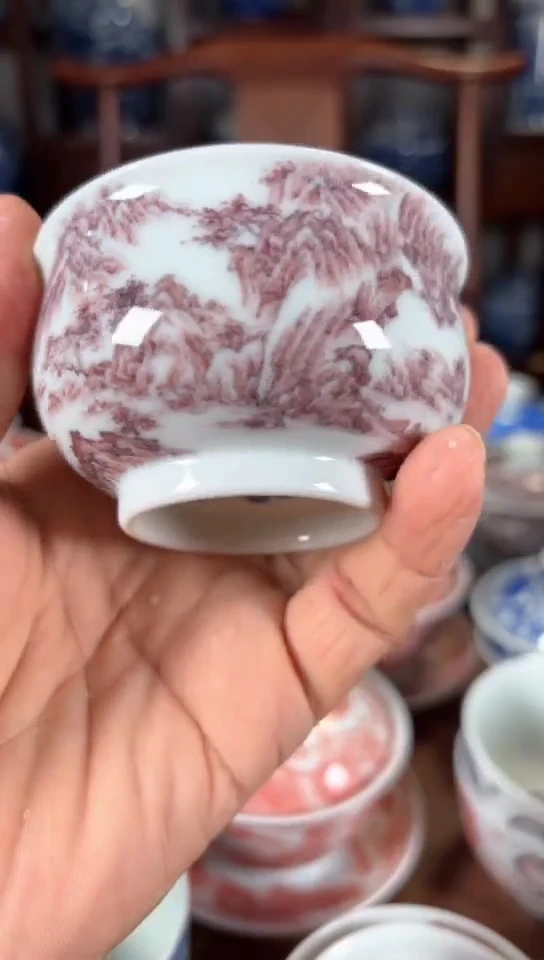 柴窑釉里红山水纹炉式杯