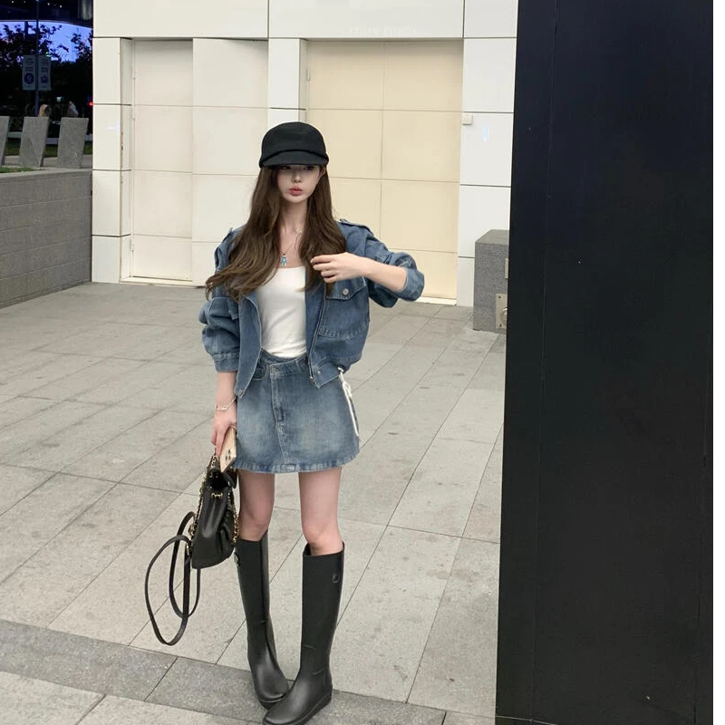 显瘦设计感短外套复古宽松辣妹外穿牛仔上衣白色打底吊带性感半裙