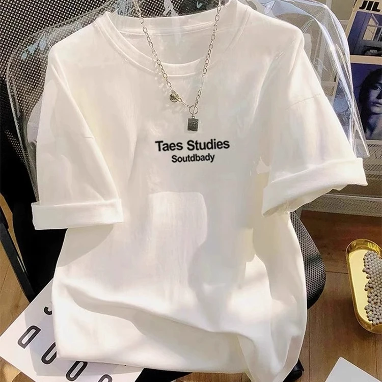 白色印花短袖T恤女2025新款春季中长款遮屁股下装消失上衣