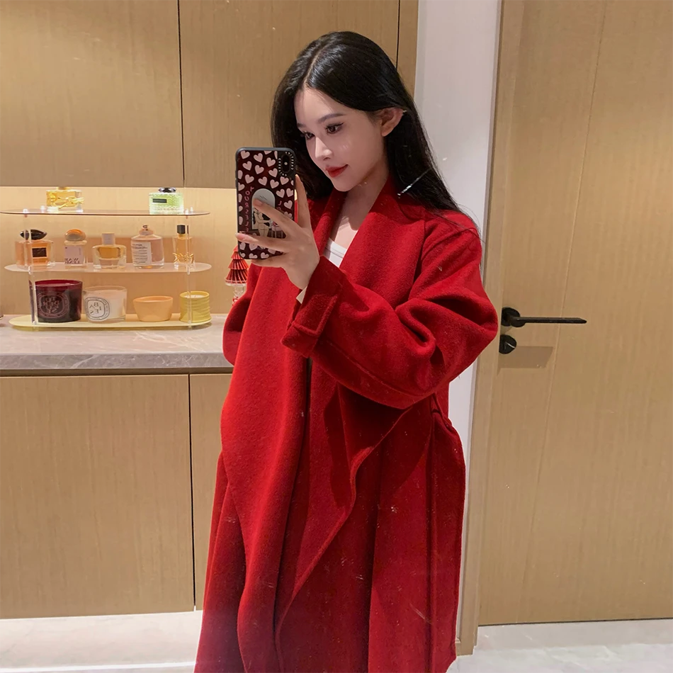 秋冬中长款结婚新娘双面绒毛呢外套女高档气质红色小个子呢子大衣