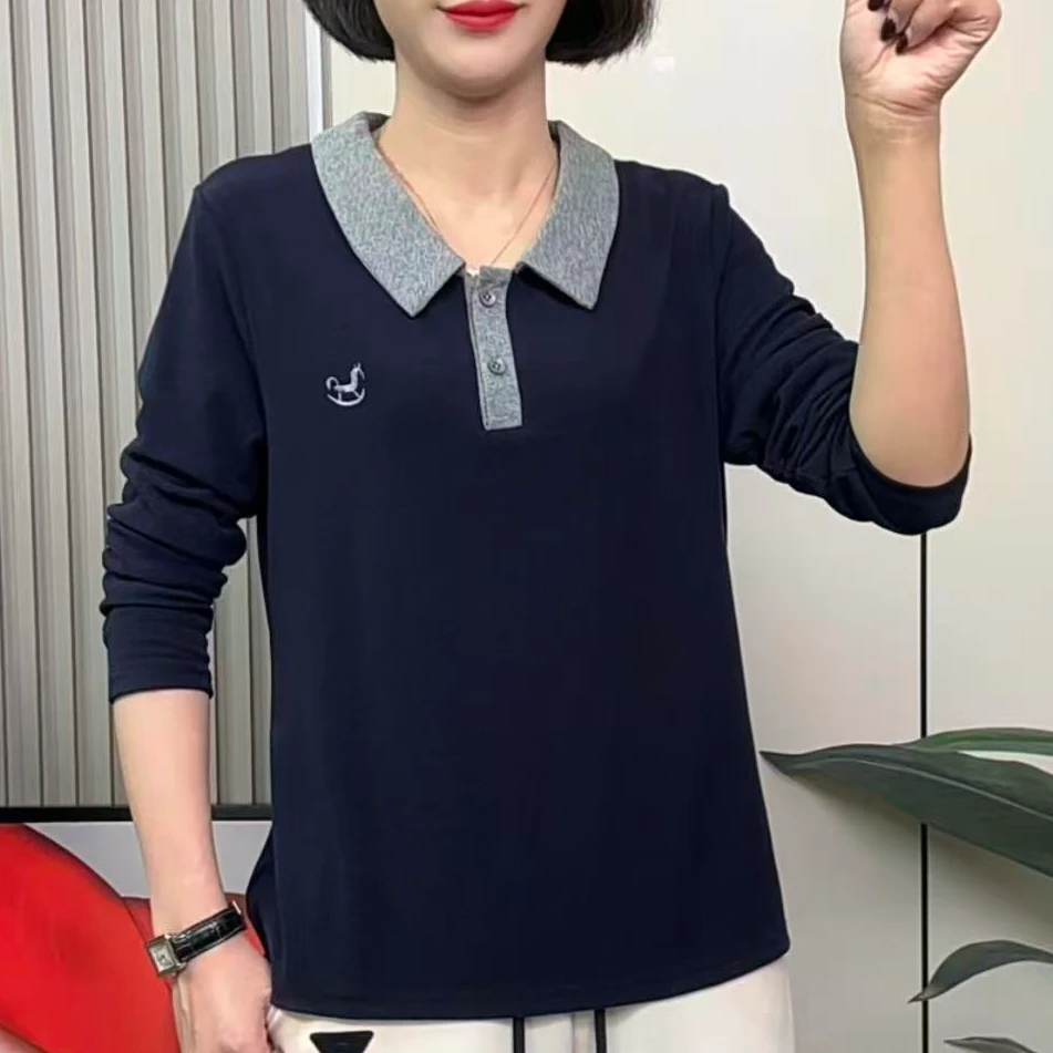 秋季妈妈装减龄长袖衬衫2025新款宽松翻领休闲大码T恤女装打底衫