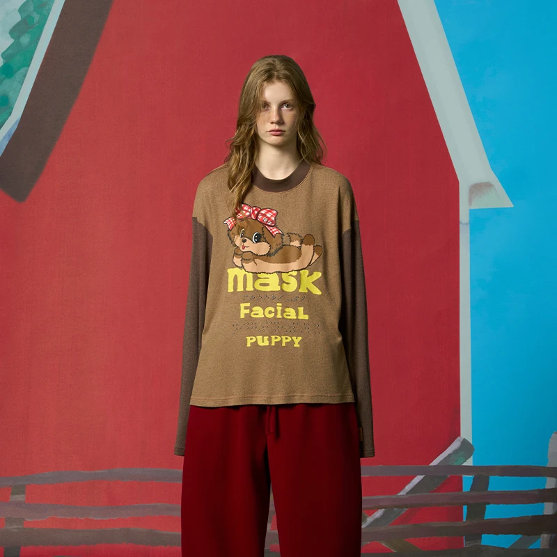 河岸家买手店CHEERi UPi宽松小狗印花拼色插肩长袖T恤26春夏新款