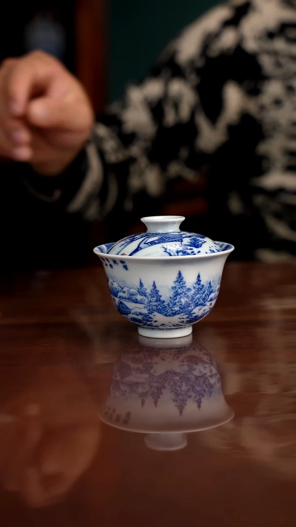 晓月窑青花雪景盖碗