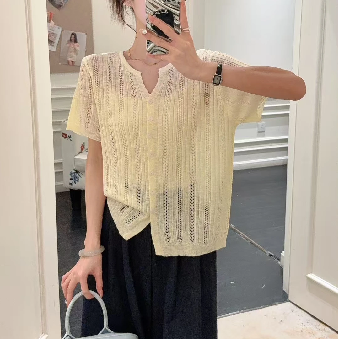 夏季新款提花镂空针织冰丝短袖百搭薄款洋气微透针织冰丝短袖上衣