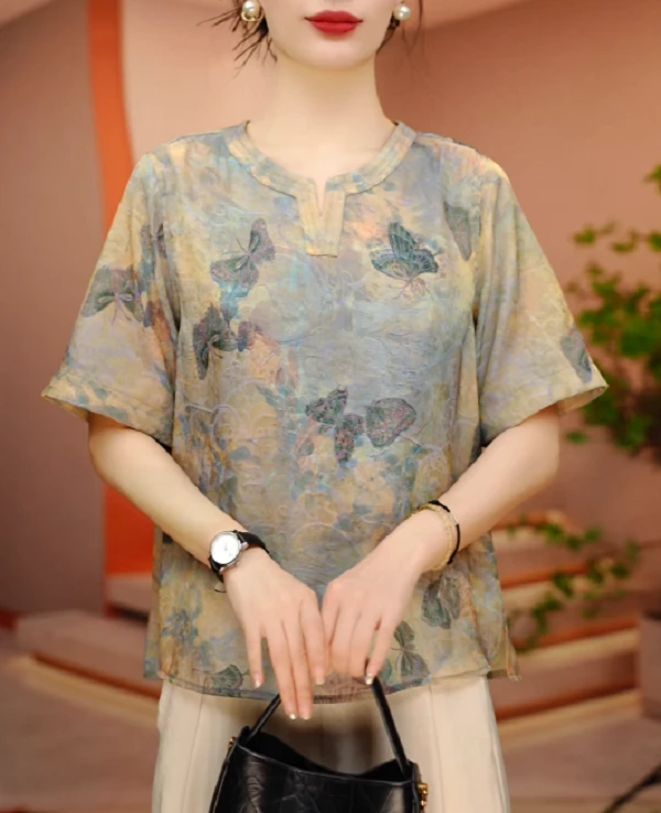 蝶舞迷香-夏季极简风减龄优雅轻奢时尚百搭气质圆领上衣