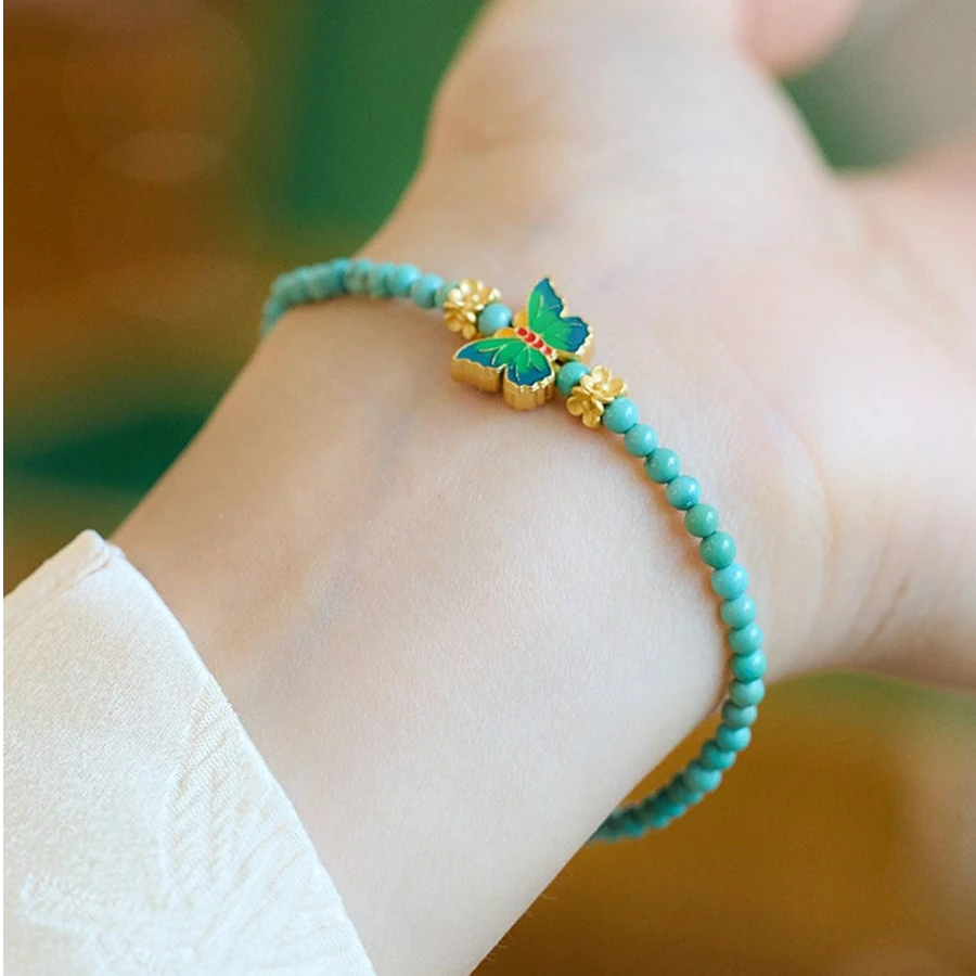铜合金手链 绿松色手链女古风国风珐琅蝴蝶手串新中式氛围感配饰