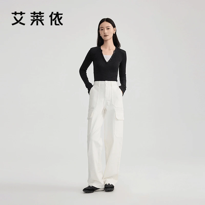 艾莱依气质简约工装休闲裤女士秋冬户外时尚百搭直筒宽松裤子6015