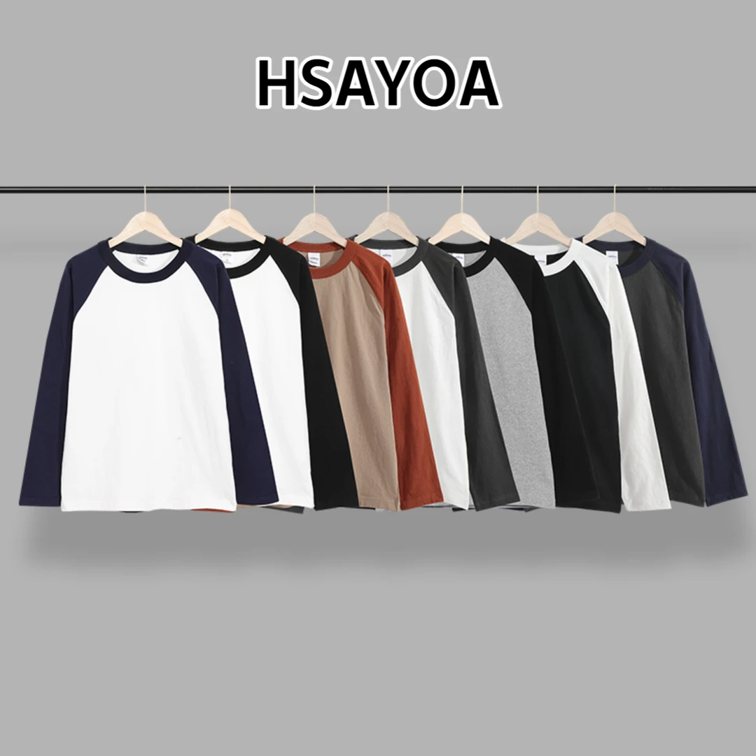 HSAYOA 320G重磅水洗纯棉插肩袖宽松情侣男女长袖大码打底衫春秋