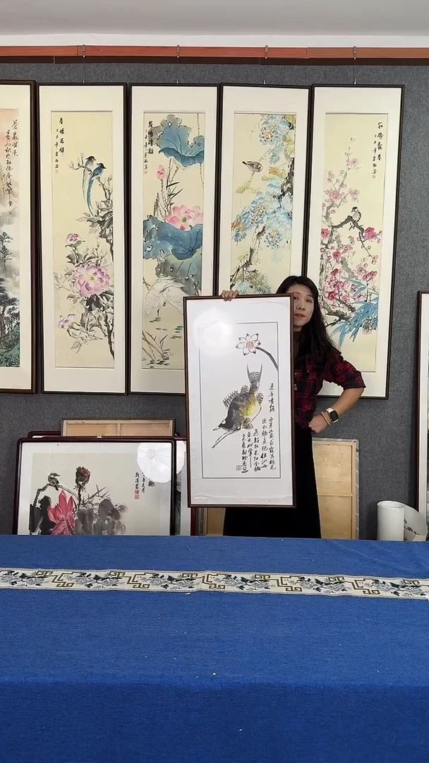 国画荷花鳜鱼实木装裱48*93
