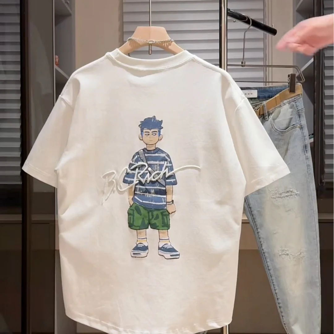 2025夏季新款短袖纯棉男潮流宽松百搭休闲卡通印花圆领T恤时尚