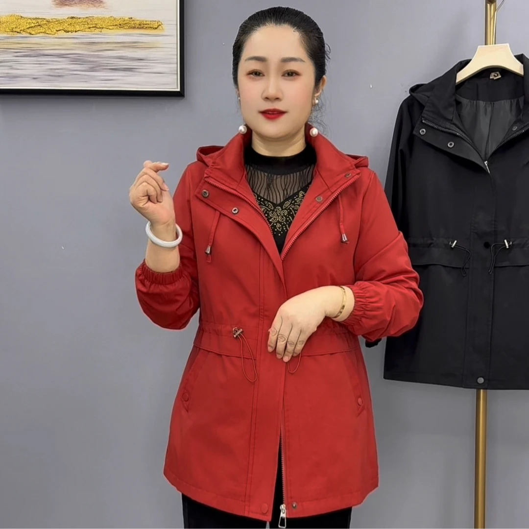 秋季新款时尚洋气休闲百搭宽松显瘦连帽中长款妈妈装外套7121