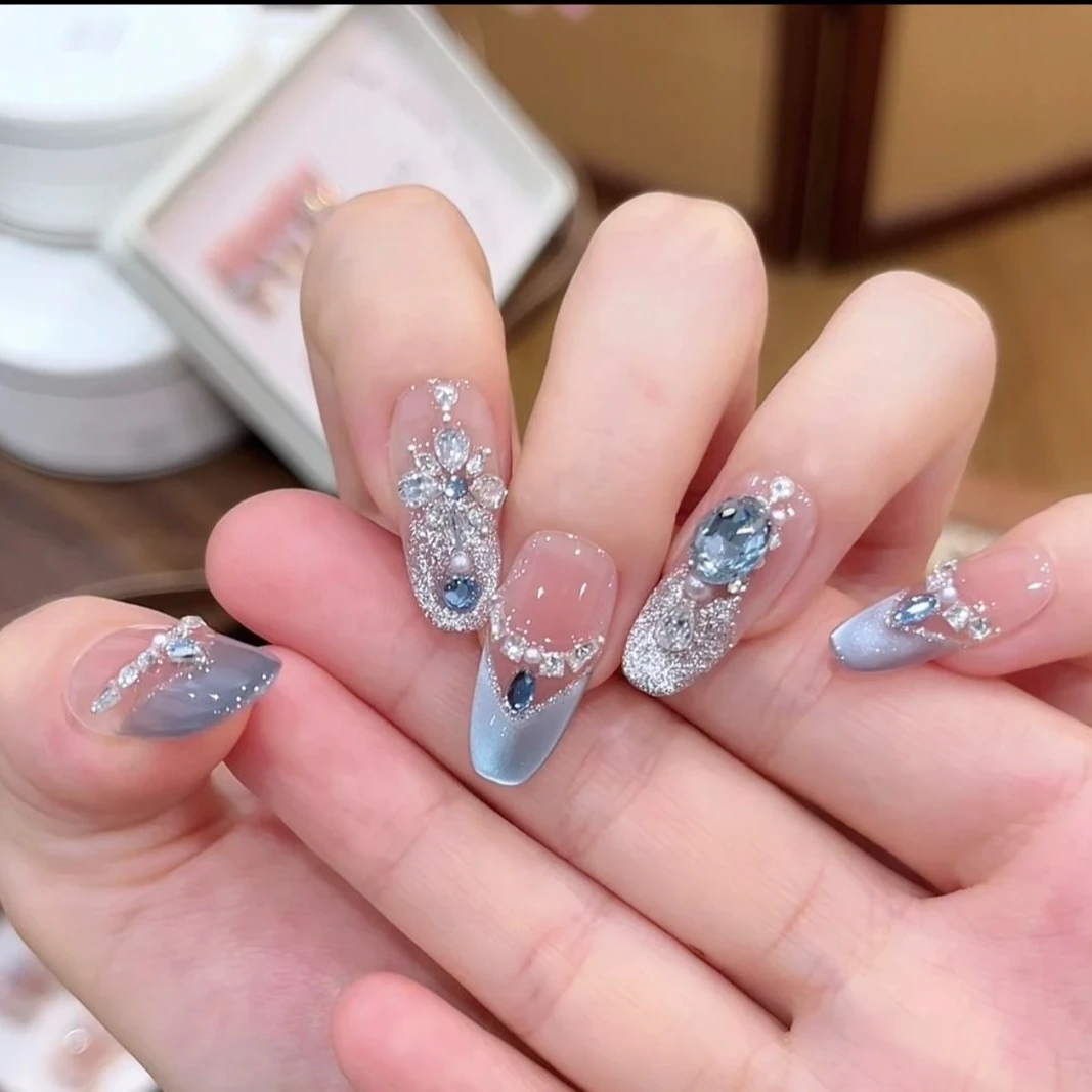 【冰雪奇缘】纯手工定制可拆卸风格碎钻爆闪蓝色渐变粉色美甲贴片