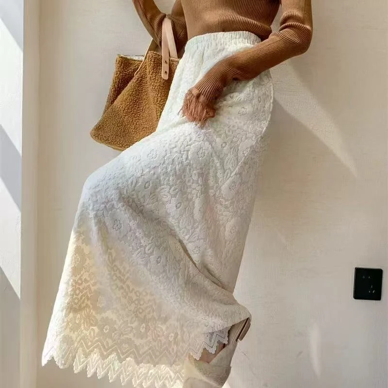 复古法式钩花镂空蕾丝半身裙女高腰显瘦A字裙松紧腰白色秋冬长裙
