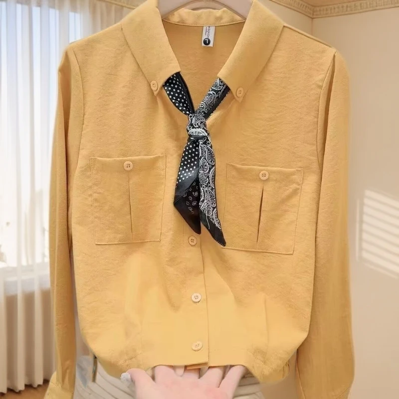 时尚百搭休闲衬衫女2025早秋新款洋气质polo领配丝巾宽松显瘦上衣