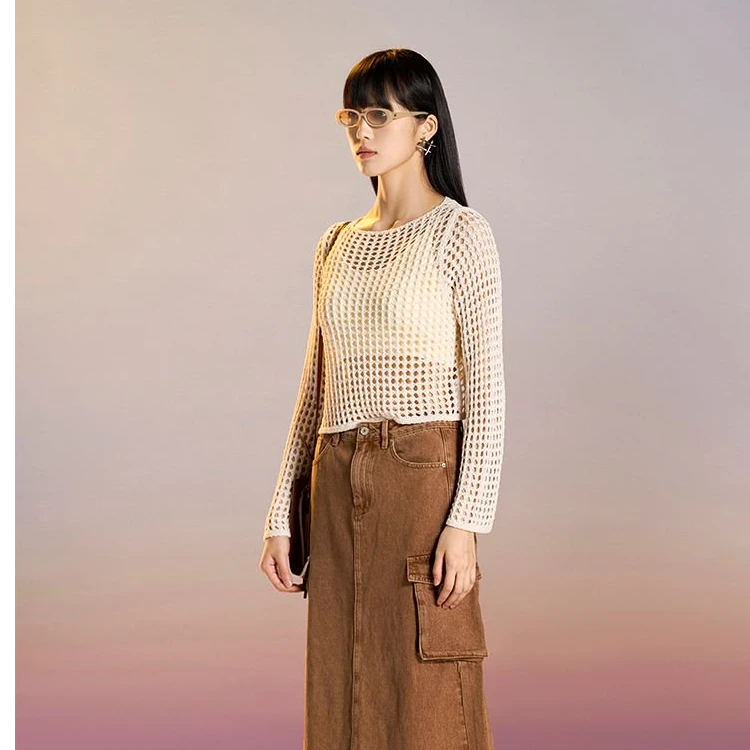 简约镂空针织衫长袖套头宽松显瘦百搭上衣R4A51222